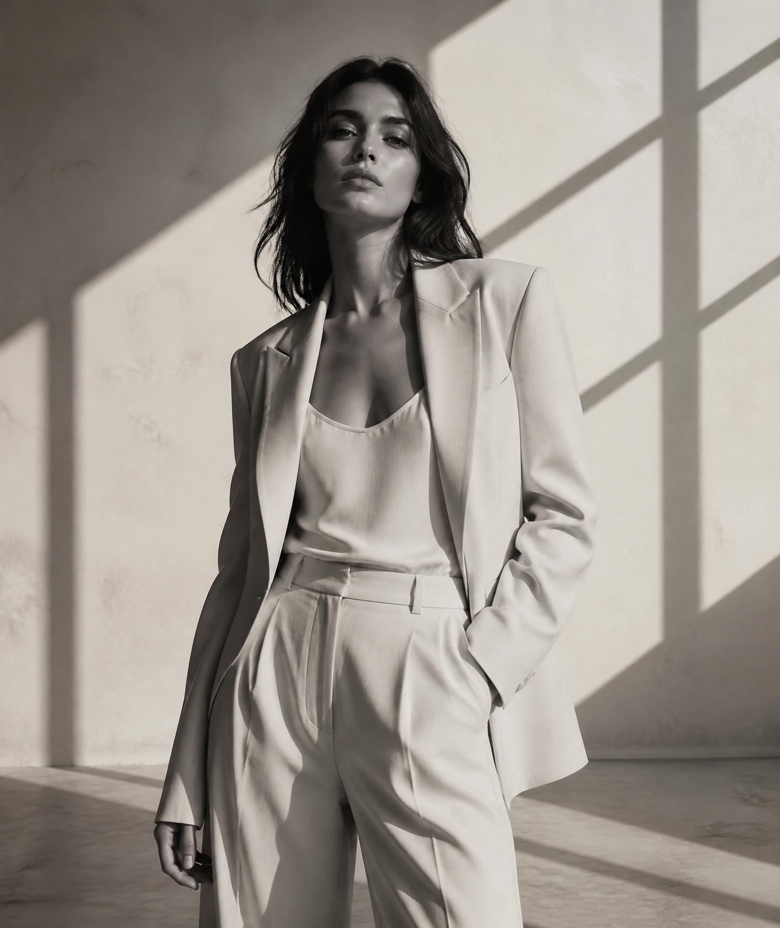 Editorial VYRO — traje sastre cream